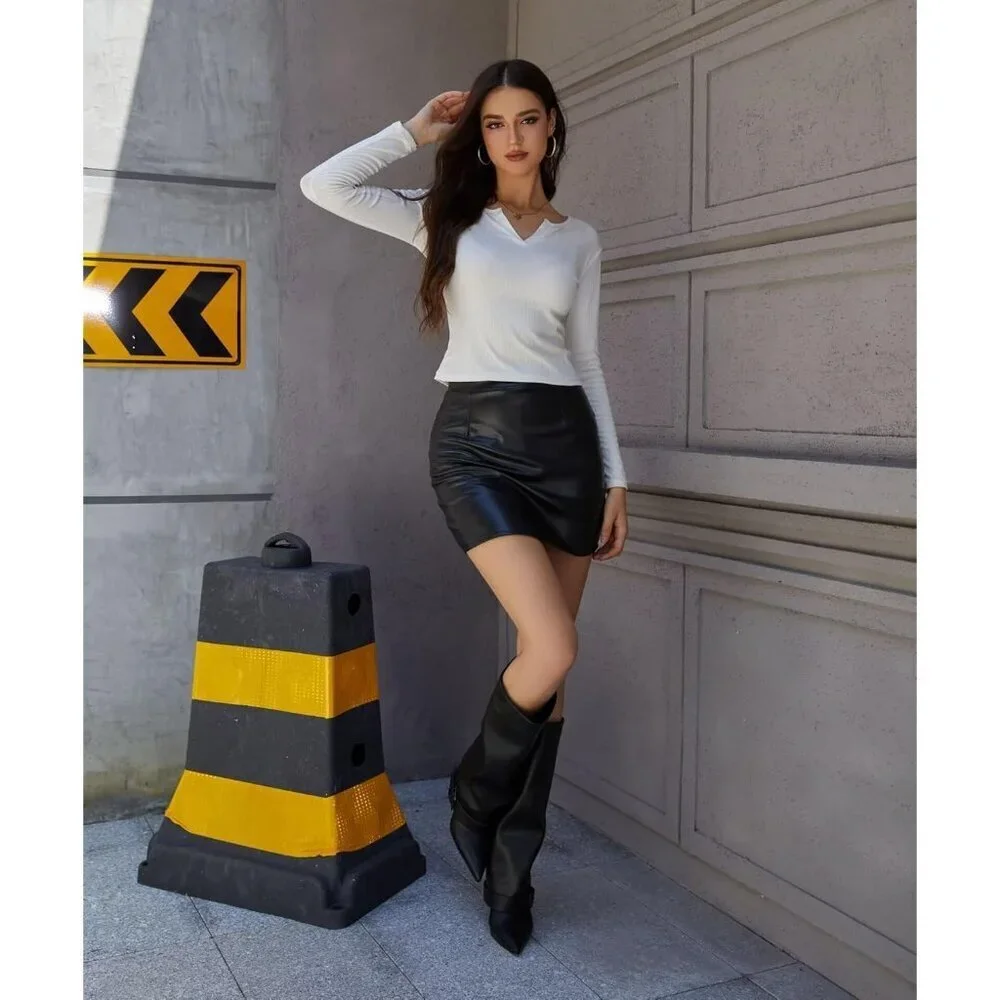 Women's Black Knee High Boots Fold Over High Heel Belt Buckle Fall Long